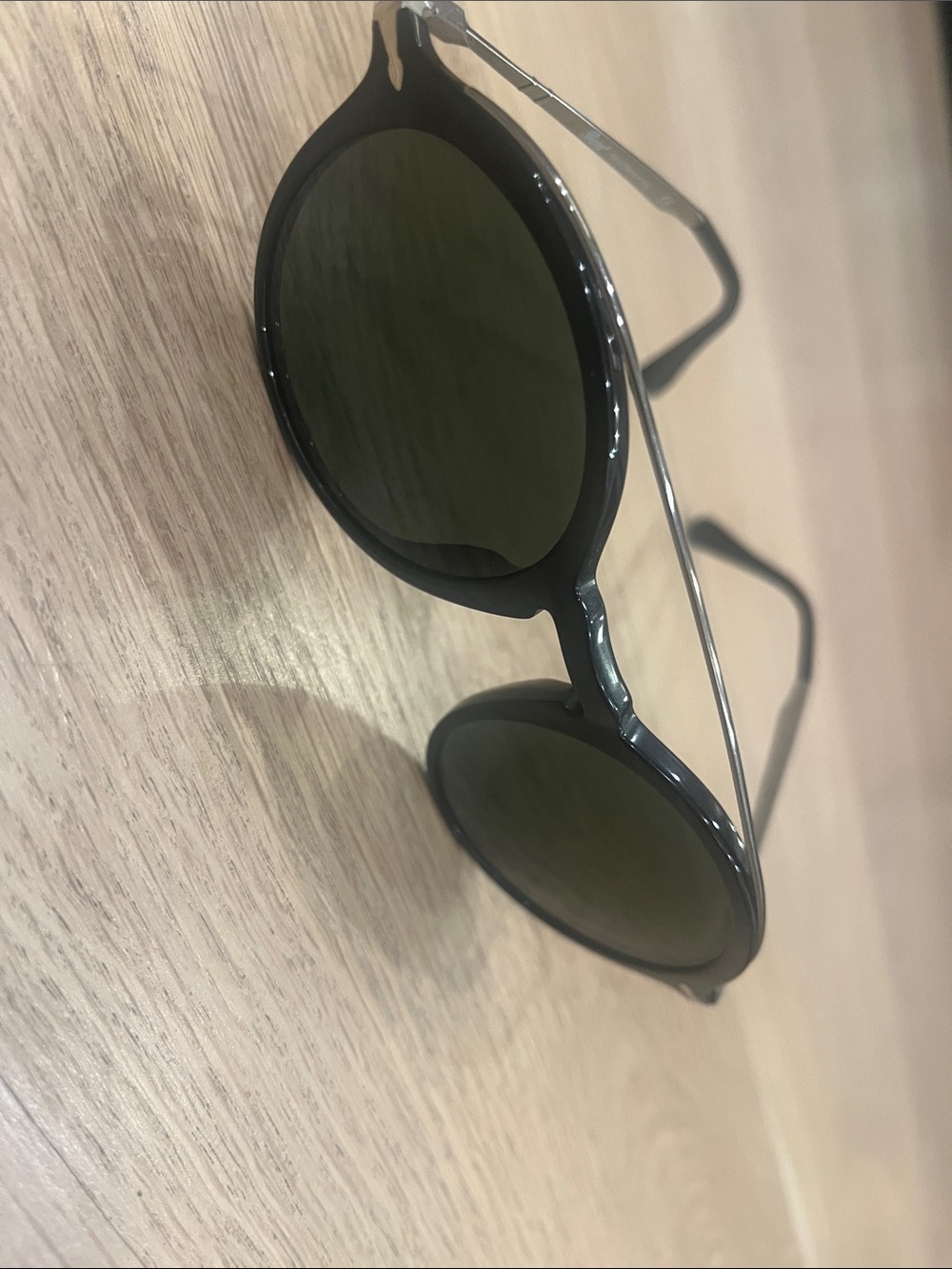 Persol Black Frame Sunglasses with Green Lenses and Silver Temples